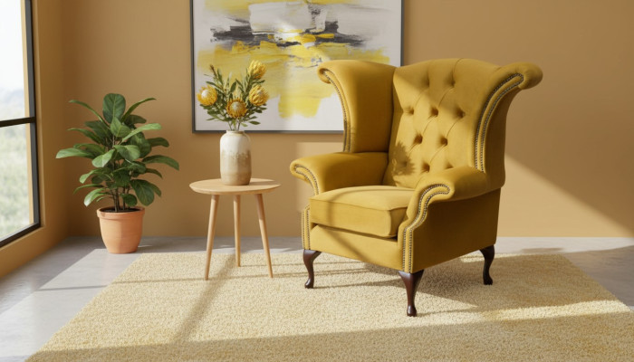 Sillón orejero Sillón amarillo diseño tapizado sofá Chesterfield textil lujo