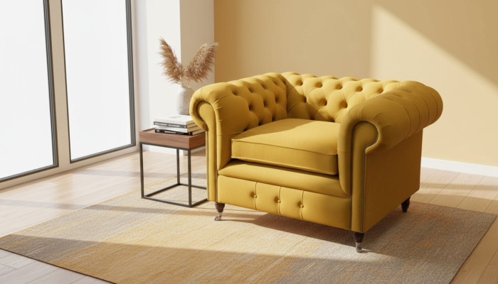 Silla de diseño Relax Lounge de tela de lujo amarilla con asiento acolchado Chesterfield.