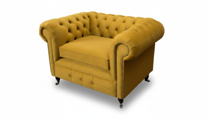 Silla de diseño Relax Lounge de tela de lujo amarilla con asiento acolchado Chesterfield.