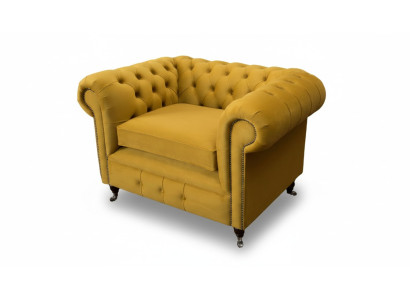 Silla de diseño Relax Lounge de tela de lujo amarilla con asiento acolchado Chesterfield.