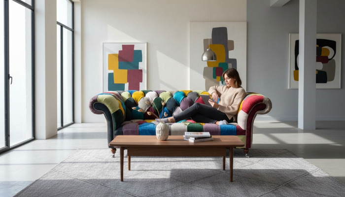 Sofá Chesterfield diseño tapizado multicolor asiento textil sofá sala de estar