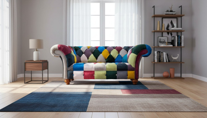 Sofá de 2 plazas Chesterfield de tela, diseño de lujo y multicolor.