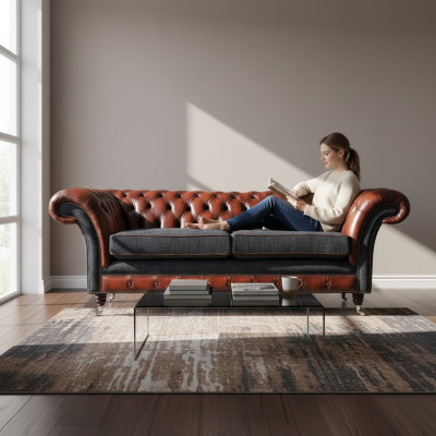 Diseño moderno Sofá de salón de 3 plazas Chesterfield marrón tapizado en cuero y textil nuevo.