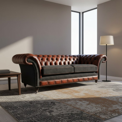 Diseño moderno Sofá de salón de 3 plazas Chesterfield marrón tapizado en cuero y textil nuevo.