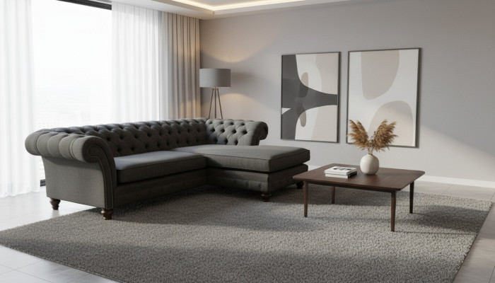 Sofá esquinero Chesterfield en forma de L de tela, diseño de sofá asiento.