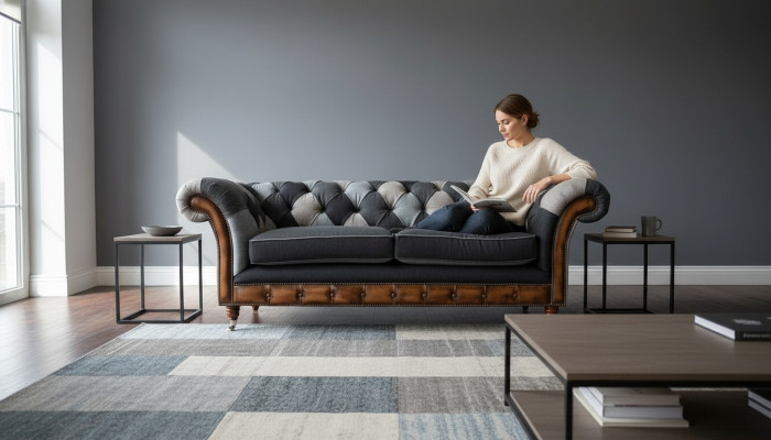 Diseño Sofá tapizado 3 plazas Couch Lujo Textil clásico Chesterfield