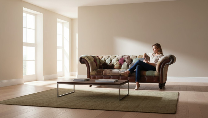 Sofá de diseñador colorido en estilo Chesterfield con tres asientos