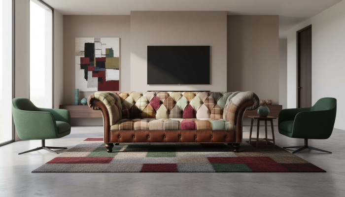 Sofá de diseñador colorido en estilo Chesterfield con tres asientos