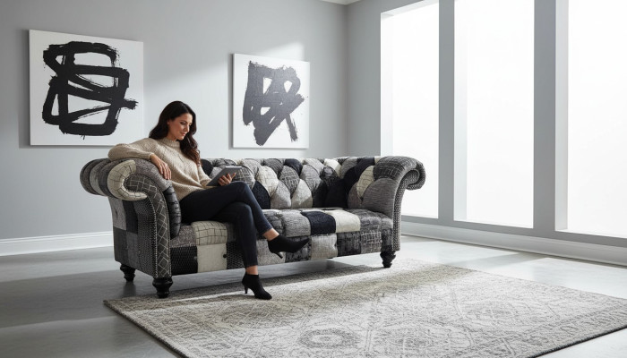 Sofá de terciopelo de lujo en diseño Chesterfield con cuadros de colores.