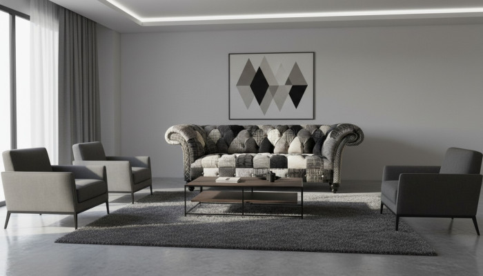 Sofá de terciopelo de lujo en diseño Chesterfield con cuadros de colores.