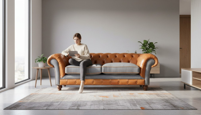 Sofá de cuero artificial de lujo en diseño de sofá Chesterfield de 3 plazas con tres asientos.
