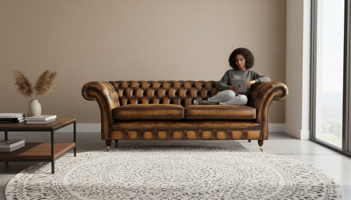 Sofá marrón de 3 plazas diseño Chesterfield tapizado asiento de cuero nuevo.