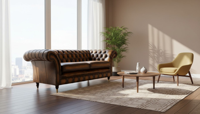 Sofá marrón de 3 plazas diseño Chesterfield tapizado asiento de cuero nuevo.