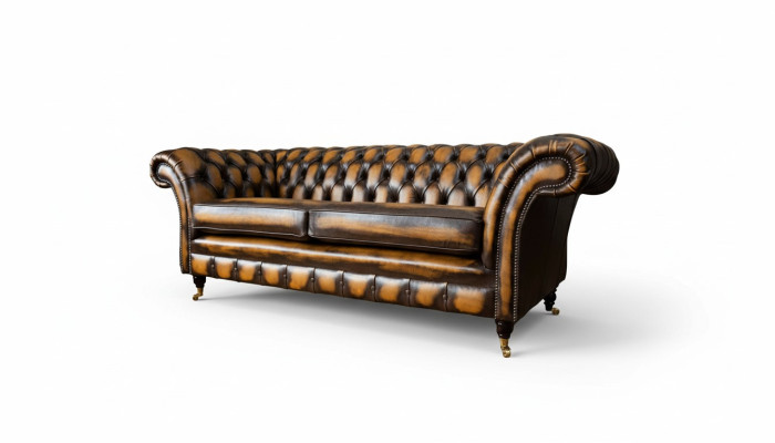 Sofá marrón de 3 plazas diseño Chesterfield tapizado asiento de cuero nuevo.