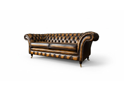 Sofá marrón de 3 plazas diseño Chesterfield tapizado asiento de cuero nuevo.