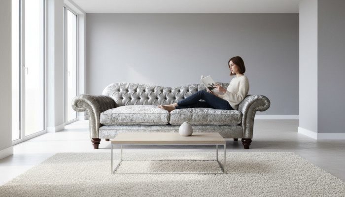 Sofá clásico Chesterfield de lujo de tres plazas en gris.