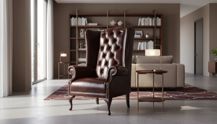 Sillón individual marrón de cuero de diseño Chesterfield para sala de estar.