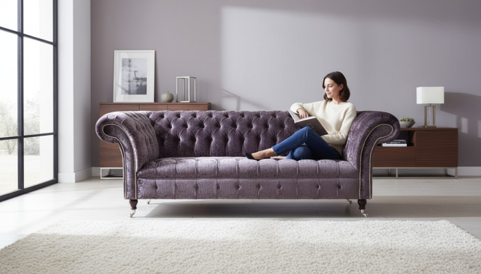 Sofá Chesterfield de diseño de tela de terciopelo morado de 3 plazas