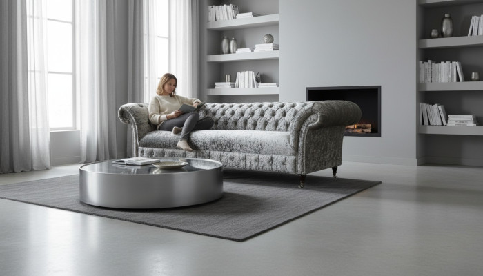 Sofá de tres plazas Chesterfield de terciopelo. Sofás de salón con tapizado de terciopelo nuevo.