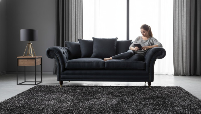 Sofá de tela de 3 plazas con cojines de diseño de color negro, extra grande.