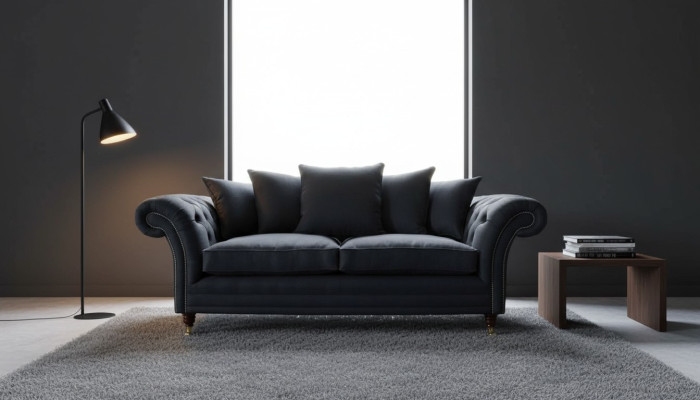 Sofá de tela de 3 plazas con cojines de diseño de color negro, extra grande.