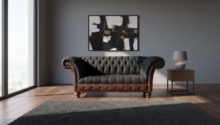 Sofá de 2 plazas, sofá tapizado de tela Chesterfield gris nuevo.
