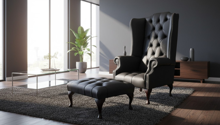 Sillón con reposapiés, sillón tapizado de diseñador Chesterfield, sillón de orejas nuevo.