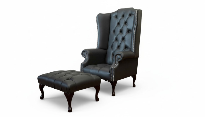 Sillón con reposapiés, sillón tapizado de diseñador Chesterfield, sillón de orejas nuevo.