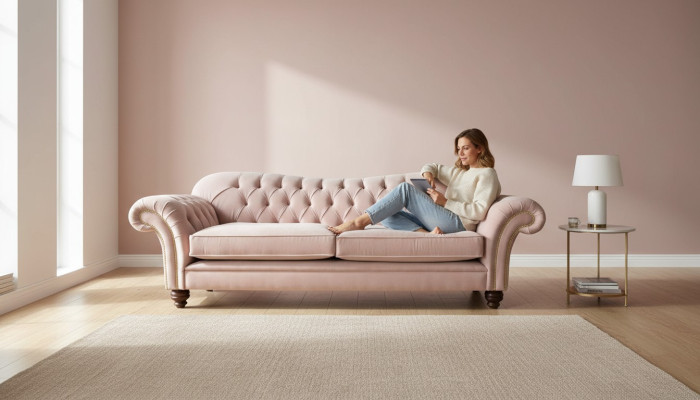 Sofá de 3 plazas Chesterfield en tela rosa