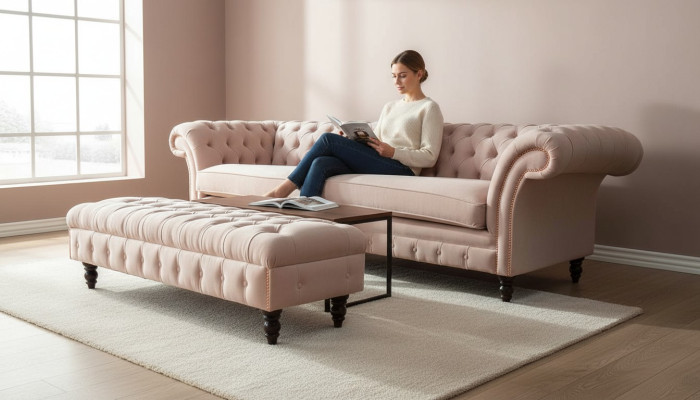 Un lujoso sofá de cuatro plazas de color rosa en diseño Chesterfield, que incluye cojines de asiento.