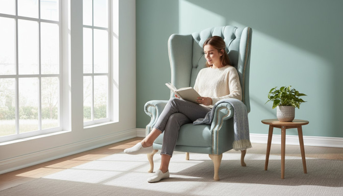 Sillón orejero diseño tapizado blanco sofá Chesterfield textil nuevo.