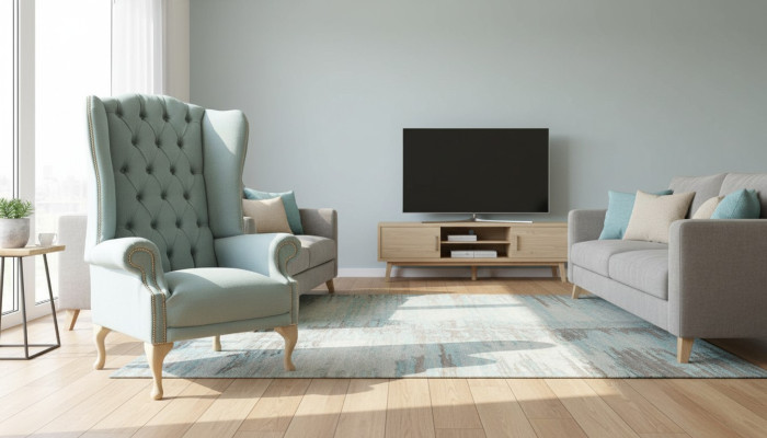 Sillón orejero diseño tapizado blanco sofá Chesterfield textil nuevo.