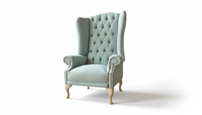 Sillón orejero diseño tapizado blanco sofá Chesterfield textil nuevo.