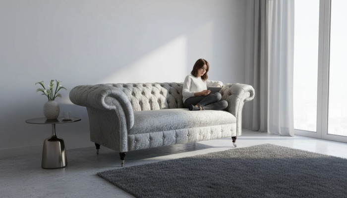 Sofá Chesterfield de diseño, sofá de 2 plazas, tapizado en gris, sofás nuevos.