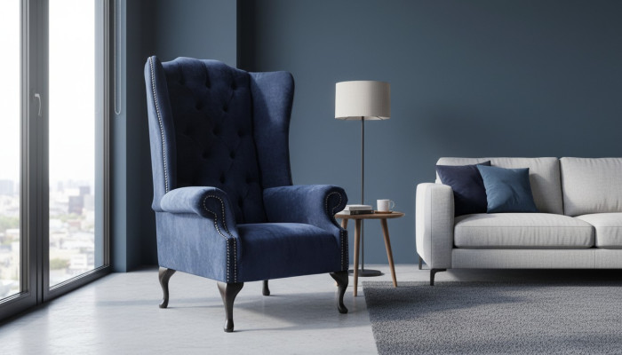 Chesterfield Design Sillón acolchado de lujo azul de tela sillones orejeros