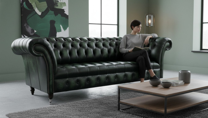 Sofá Chesterfield de 3 plazas tapizado en cuero verde, nuevo.