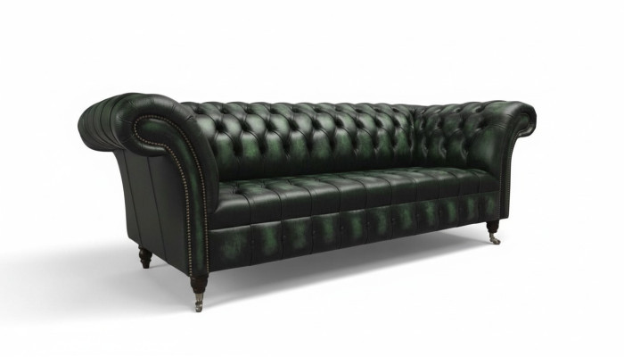 Sofá Chesterfield de 3 plazas tapizado en cuero verde, nuevo.