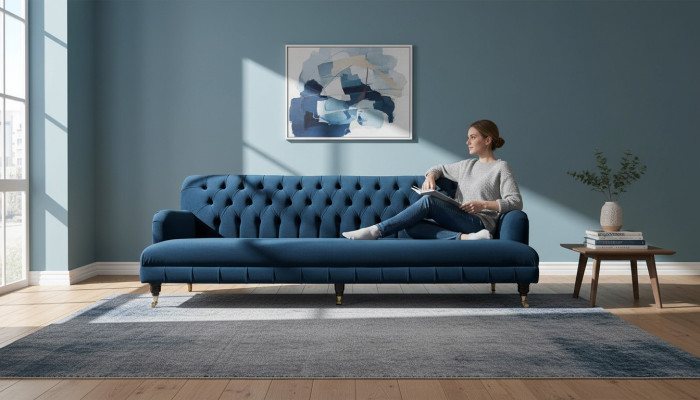 Sofá de diseñador de lujo en estilo Chesterfield con cuatro asientos en color azul.
