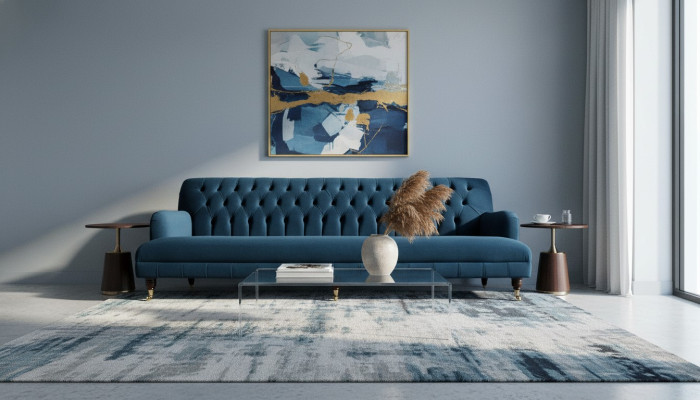 Sofá de diseñador de lujo en estilo Chesterfield con cuatro asientos en color azul.