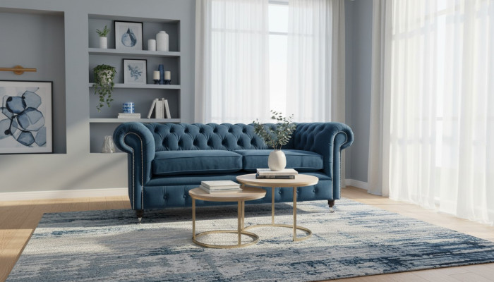 Sofá de 3 plazas Chesterfield tapizado en tela diseño nuevo.