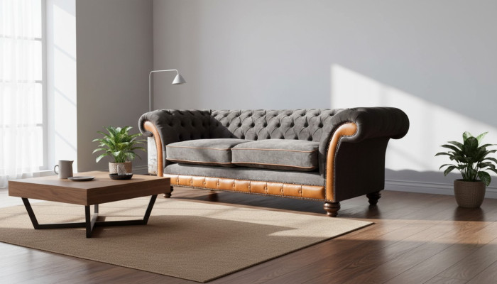 Sofá Chesterfield de 3 plazas diseño sofá tapizado tela gris 