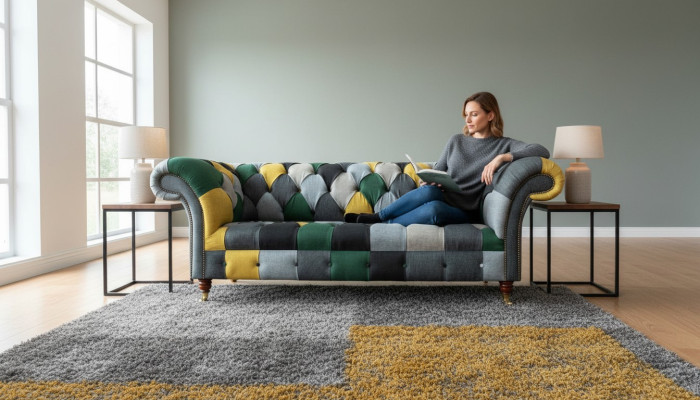 Clásico sofá de tela Chesterfield de diseño, de 3 plazas.