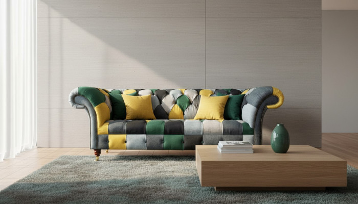 Clásico sofá de tela Chesterfield de diseño, de 3 plazas.