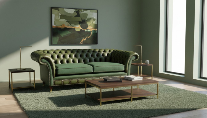 Sofá de diseño de 3 plazas Tapizado en cuero Sofás Textil Chesterfield Verde