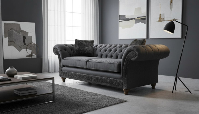 Sofá de tres plazas, sofá de tela, diseño gris, muebles, sofás, Chesterfield.