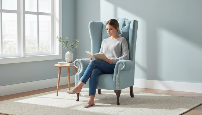 Sillón de orejas azul bebé Diseño de sillón Sofá Sofá Chesterfield Tela Nuevo