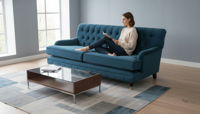 Diseño Chesterfield Sofá de lujo 3 plazas Azul Sofá de tela Nuevo