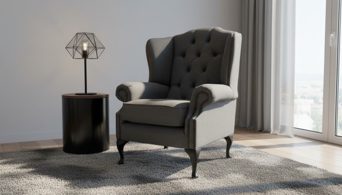 Gris Sillón de orejas Diseño Sofá Chesterfield Tela Nuevo