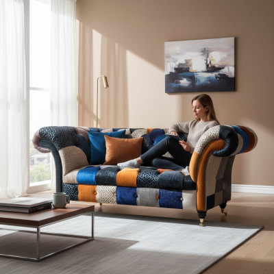 Sofás de tres plazas de lujo en diseño de tela Chesterfield multifacético.