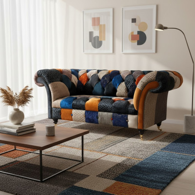 Sofás de tres plazas de lujo en diseño de tela Chesterfield multifacético.